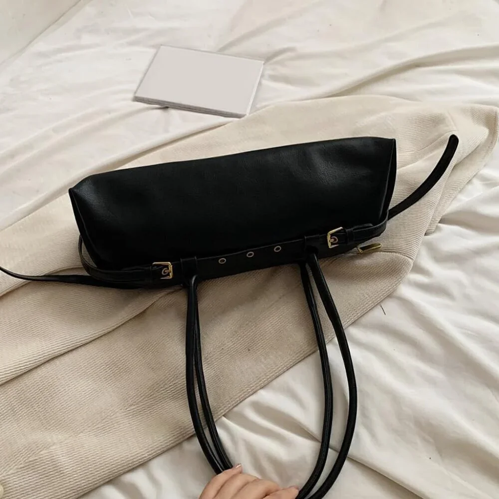 Wome'ns Black PU Leather Tote Bag Casual Bowling Bag Purse Retro Underarm